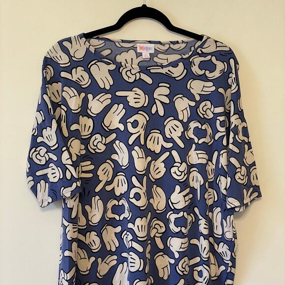 Lularoe M short sleeve t-shirt Mickey Mouse gloves Disney AOP blue white casual - Picture 2 of 7